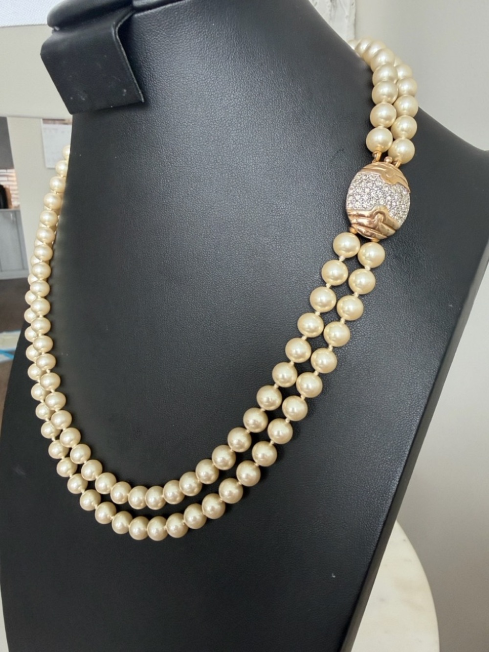 Panetta Signed Faux Pearl Double Strand of Pearls With Rhinestone Clasp